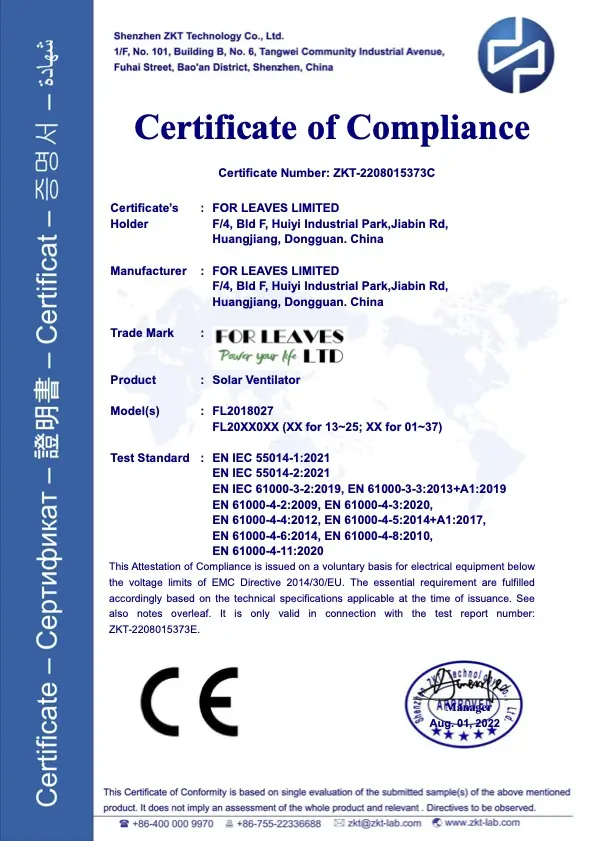 Solar Ventilator CE Certificate